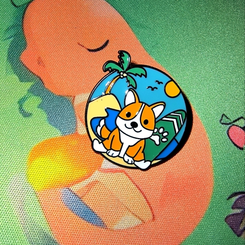Corgi Enamel Pin with Tropical Design